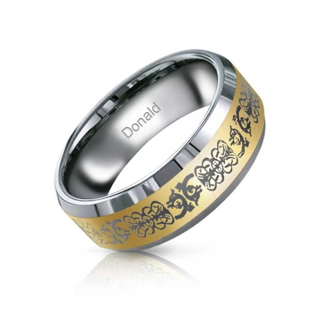 Golden Celtic Knot Dragon Inlay Wedding Band Titanium Ring For Men 8MM