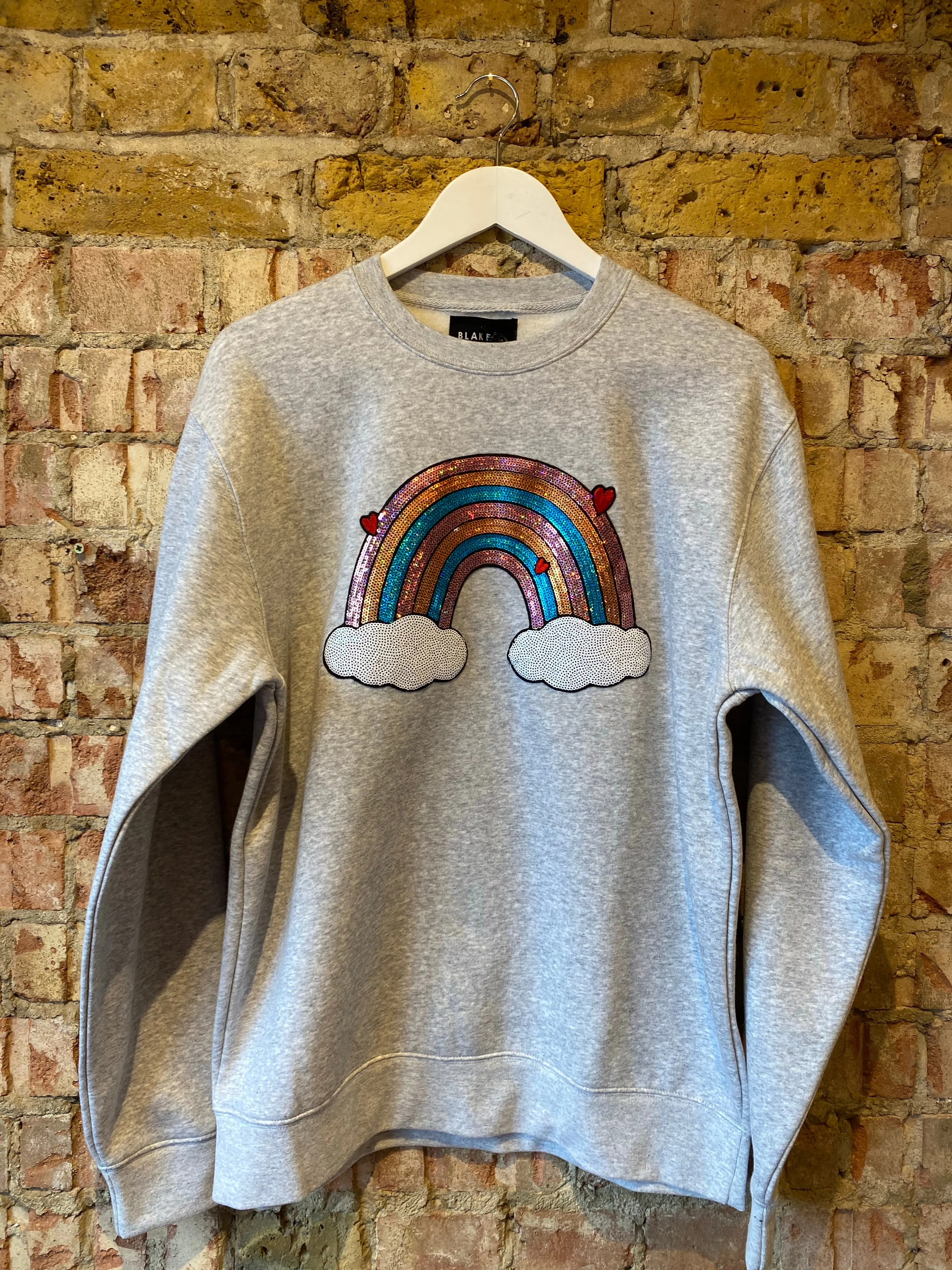 Grey Jersey Unisex Sequin Sweater - Rainbow Cloud Mini Hearts
