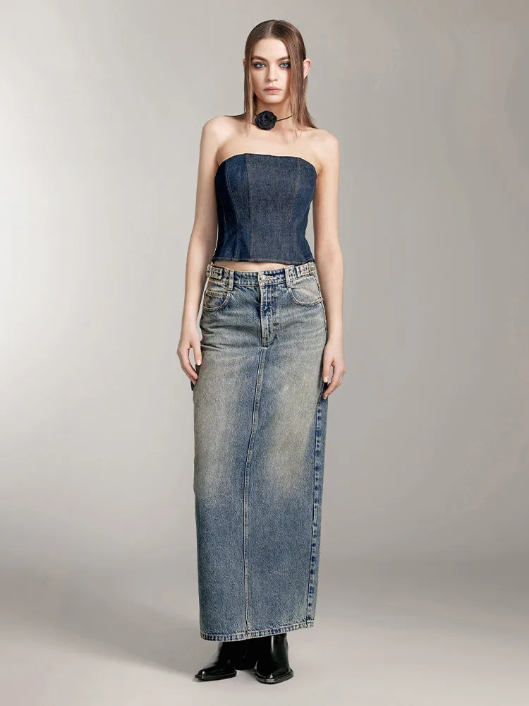 Slit Denim Maxi Skirt
