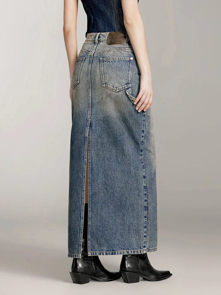 Slit Denim Maxi Skirt