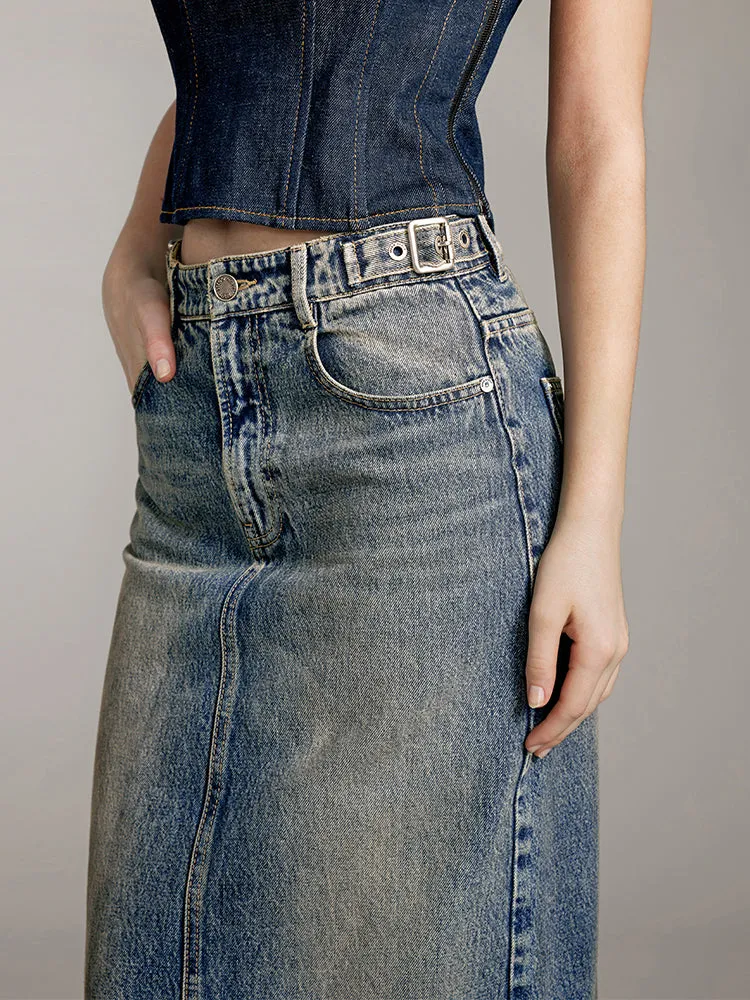 Slit Denim Maxi Skirt