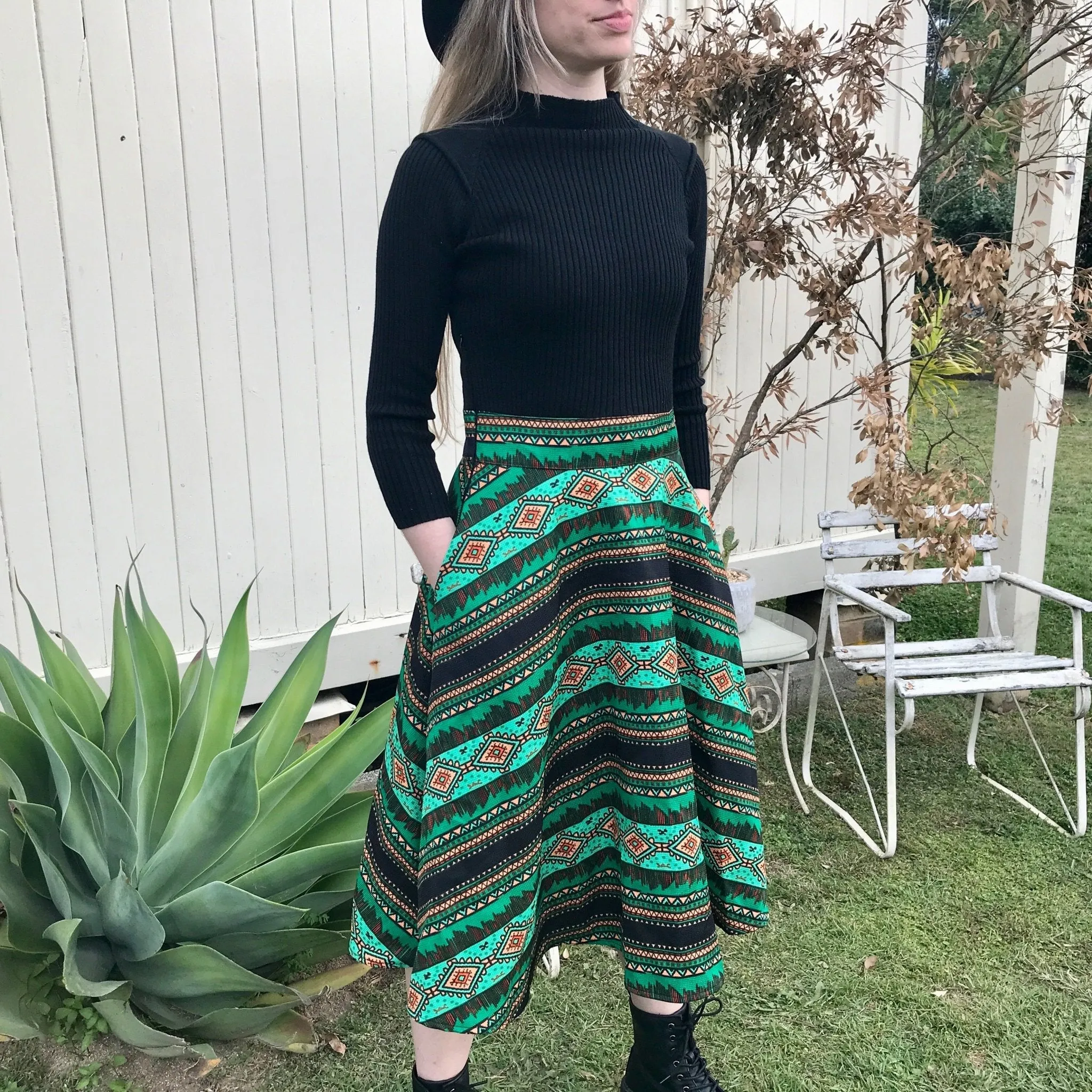 Women's L/S Flare Dress in Black and Green Geometric Sz M- OOAK