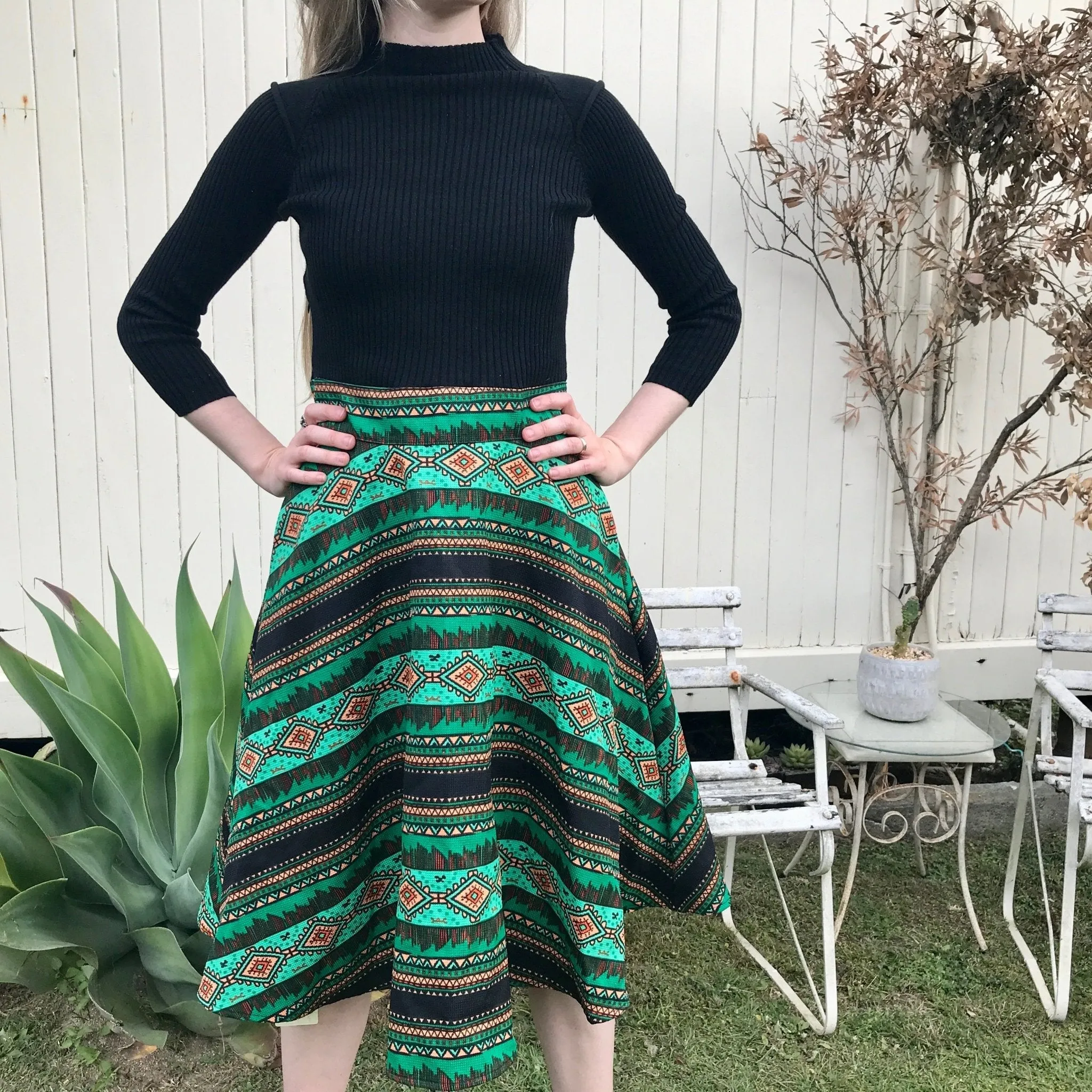 Women's L/S Flare Dress in Black and Green Geometric Sz M- OOAK