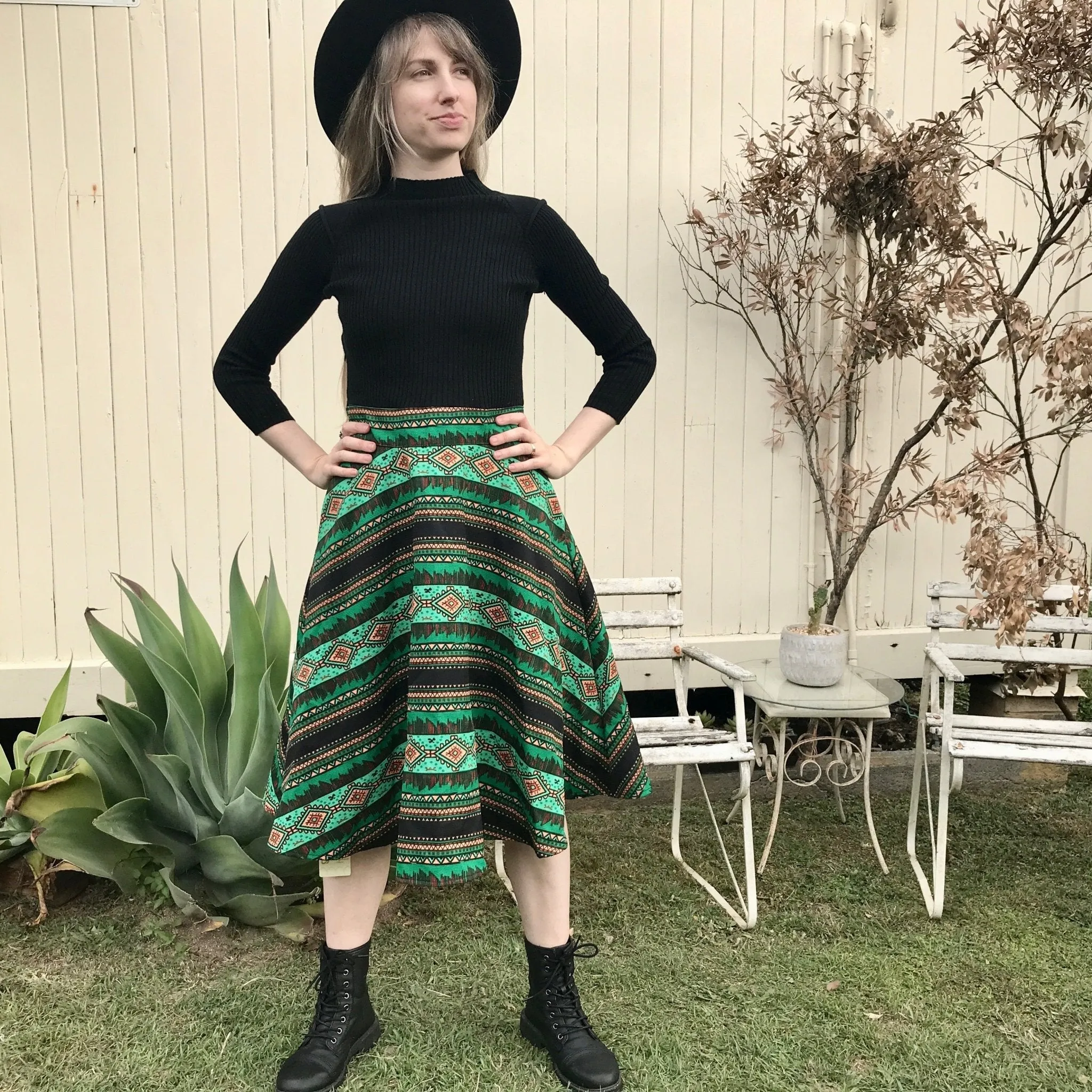 Women's L/S Flare Dress in Black and Green Geometric Sz M- OOAK