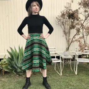Women's L/S Flare Dress in Black and Green Geometric Sz M- OOAK